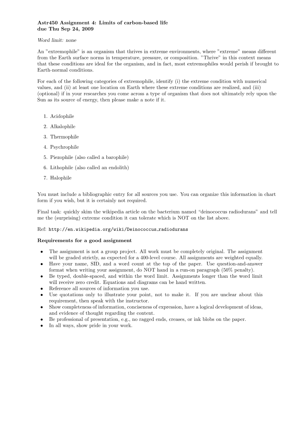 Astr450 Assignment 4: Limits of Carbon-Based Life Due Thu Sep 24, 2009