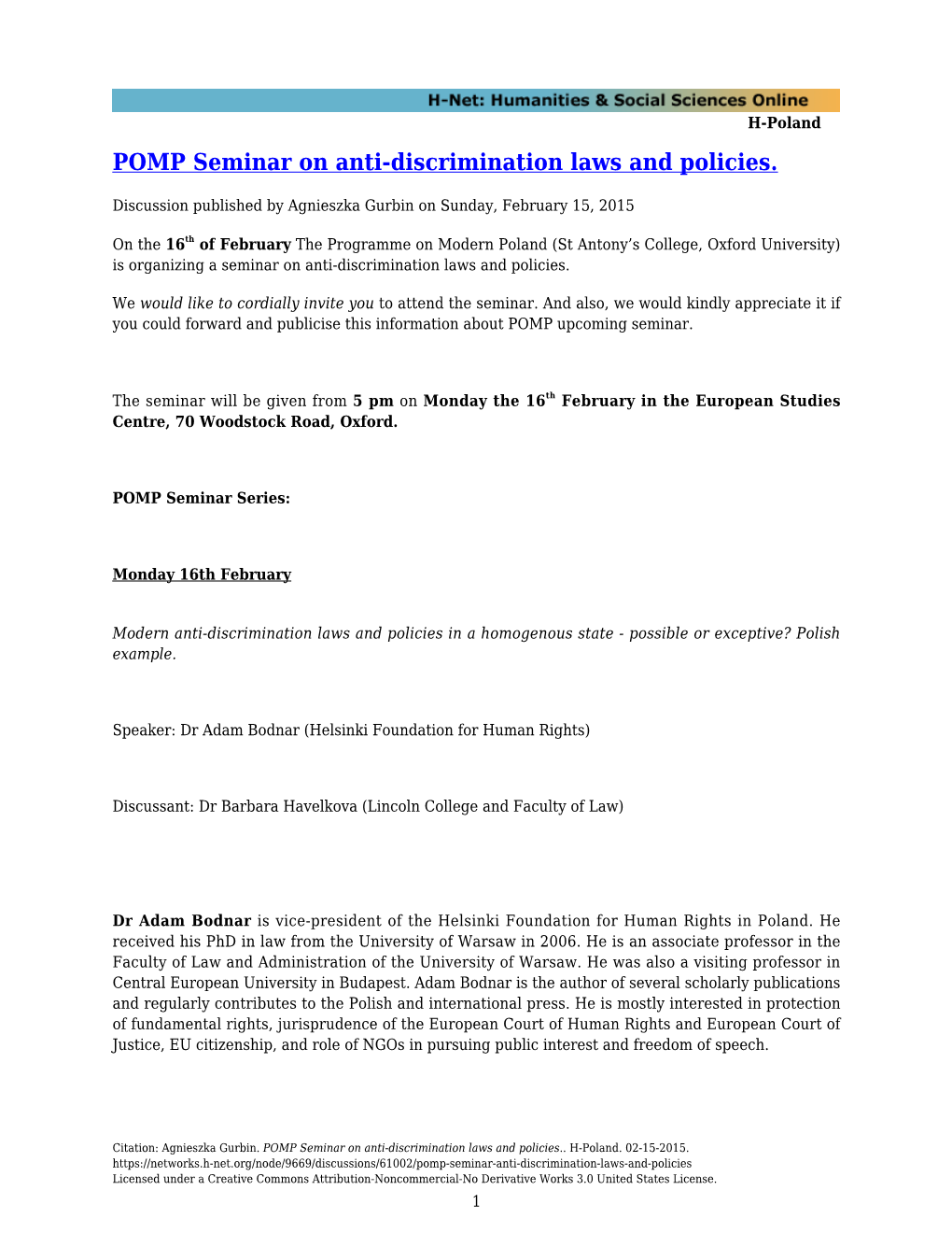 POMP Seminar on Anti-Discrimination Laws and Policies