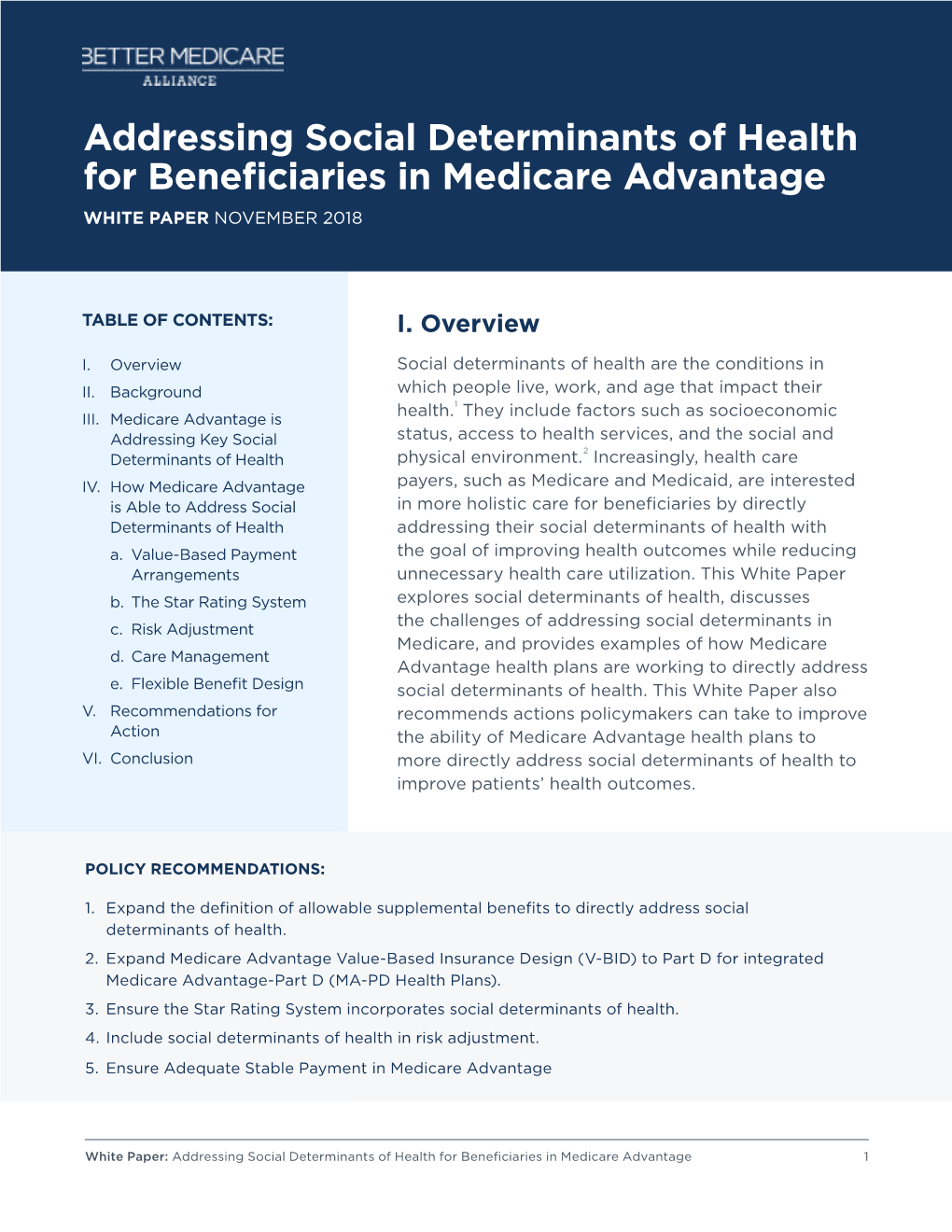 Addressing Social Determinants of Health for Beneficiaries in Medicare Advantage WHITE PAPER NOVEMBER 2018