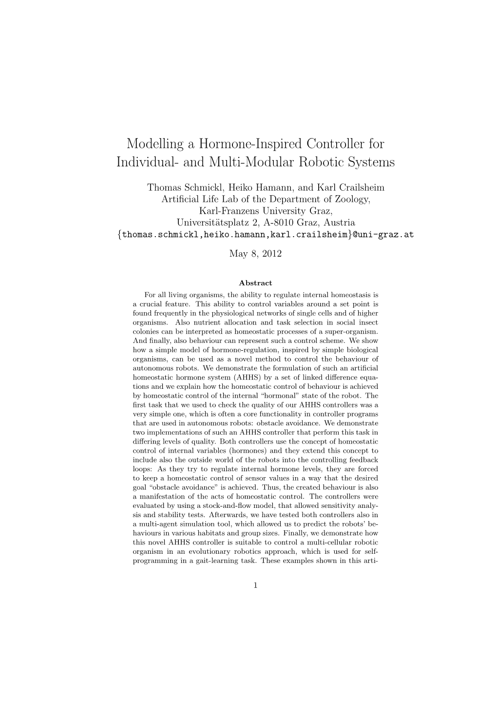 Modelling a Hormone-Inspired Controller for Individual- and Multi-Modular Robotic Systems