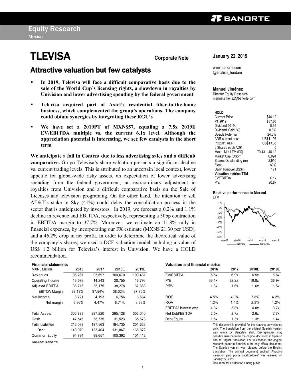 TLEVISA Corporate Note January 22, 2019