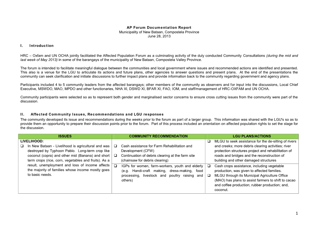 AP Forum Documentation Report Municipality of New Bataan, Compostela Province June 28, 2013