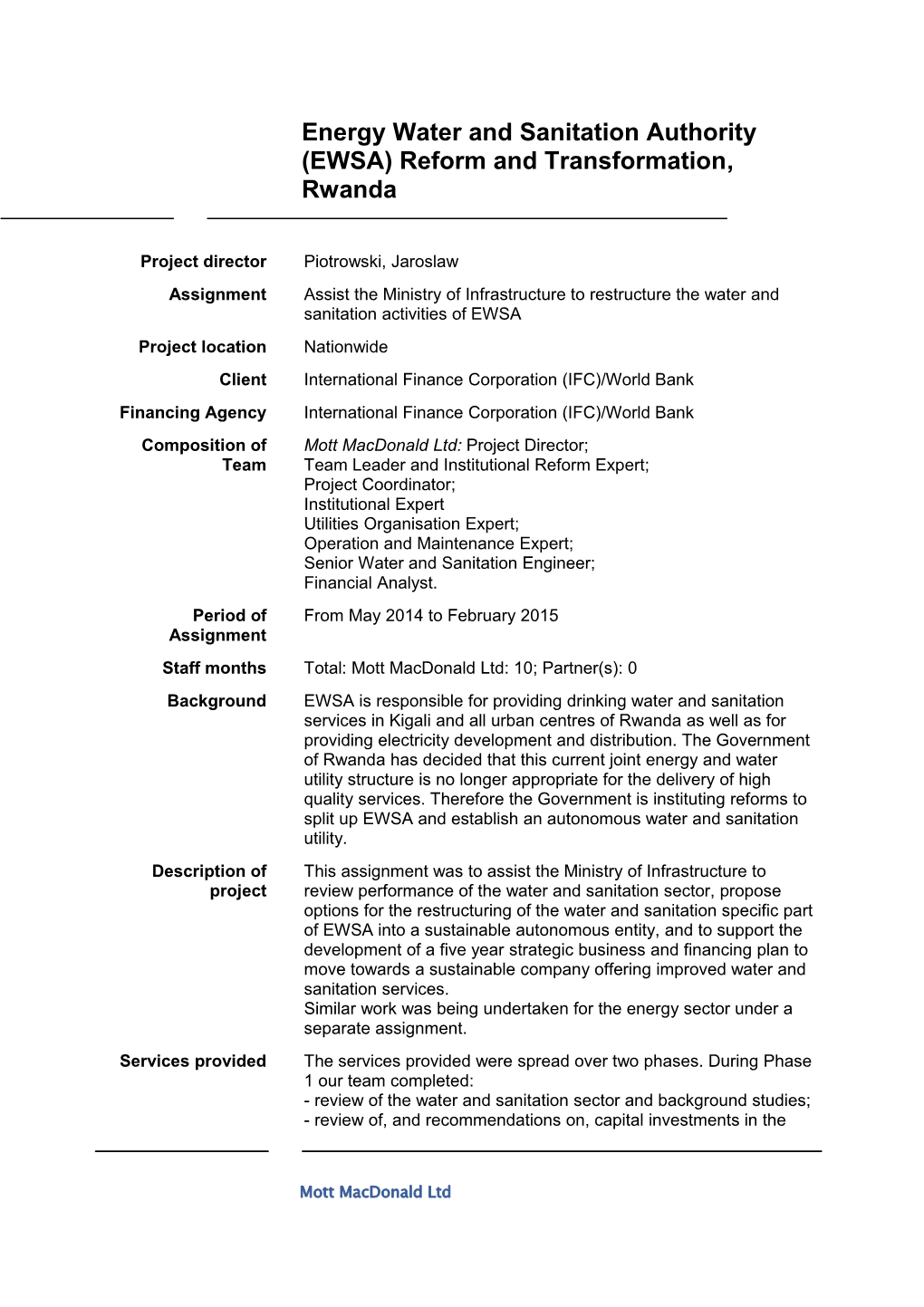 Rwanda, Energy Water and Sanitation Authority (EWSA) Reform and Transformation