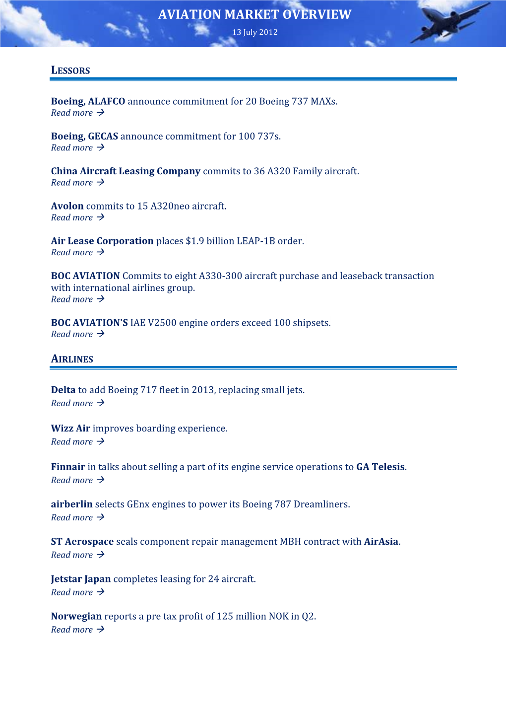 AVIATION MARKET OVERVIEW 13 July 2012