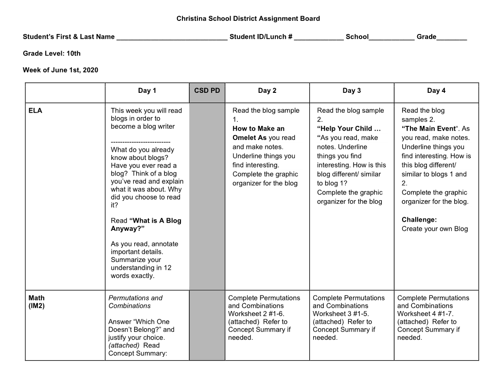 Christina School District Assignment Board Student's First & Last