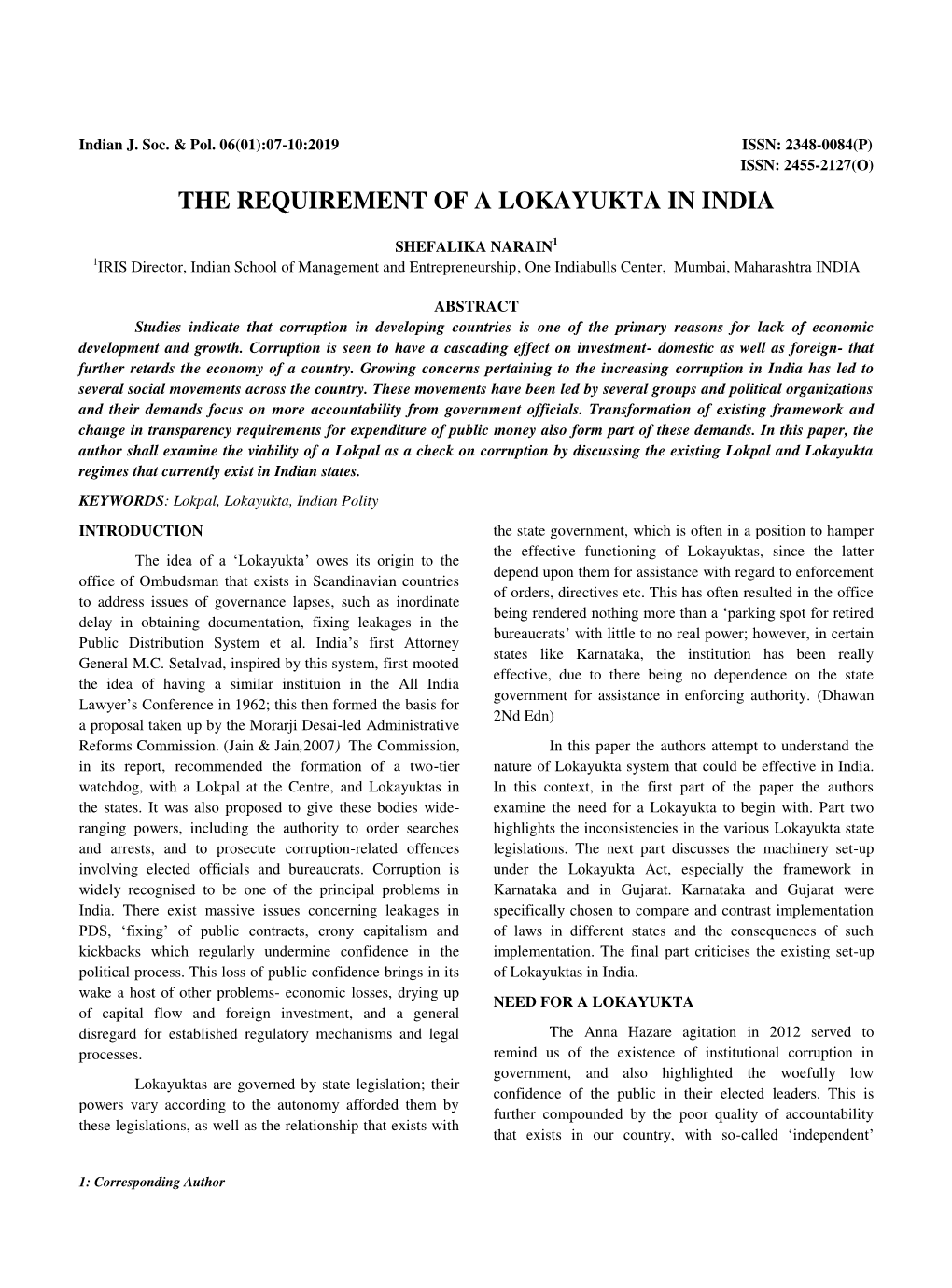 The Requirement of a Lokayukta in India