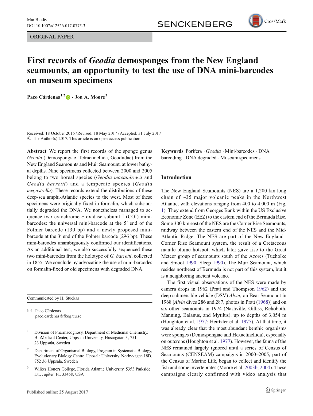 First Records of Geodia Demosponges from the New England Seamounts, an Opportunity to Test the Use of DNA Mini-Barcodes on Museum Specimens