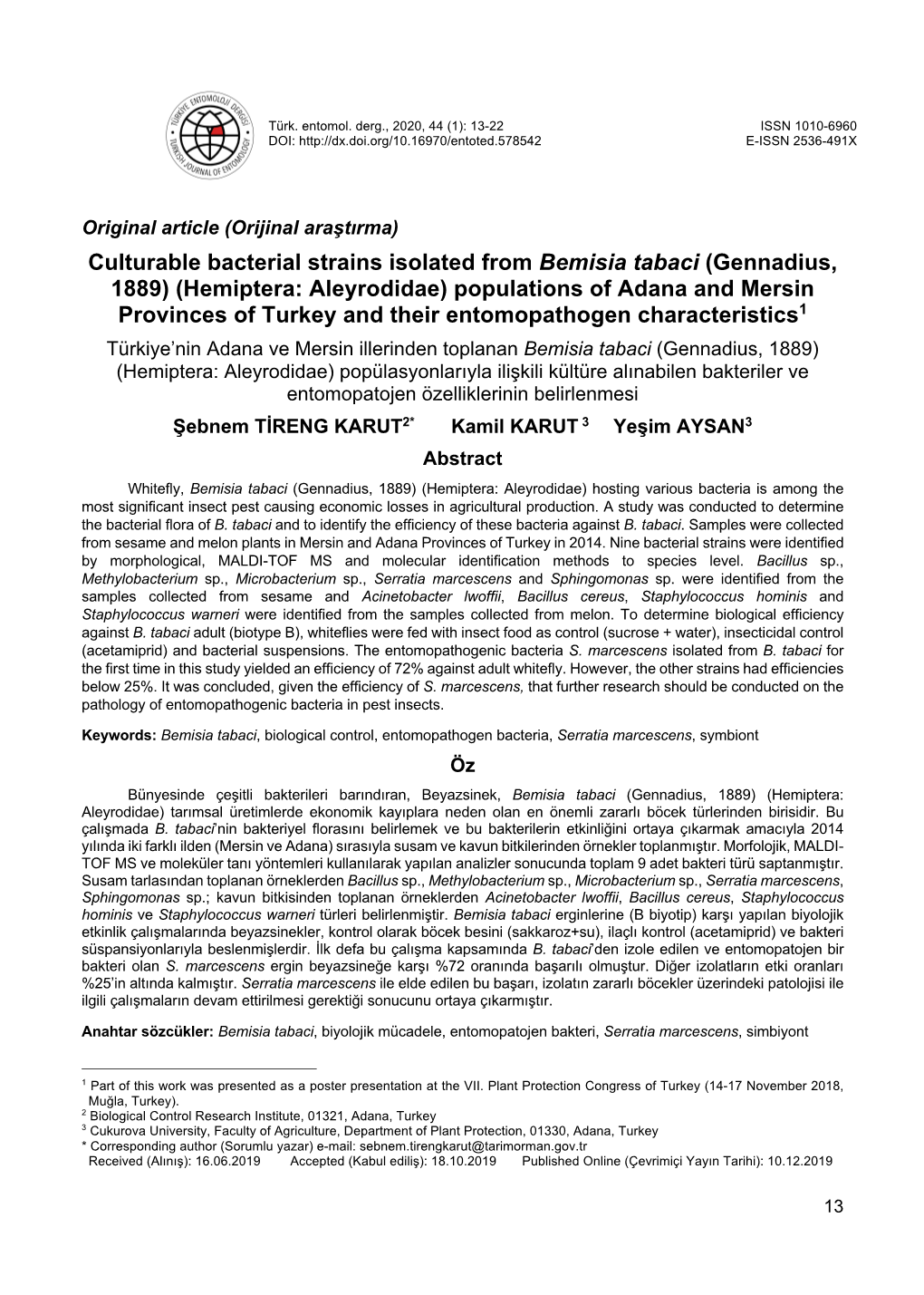 Culturable Bacterial Strains Isolated from Bemisia Tabaci (Gennadius