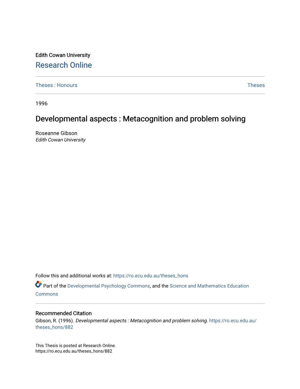 Developmental Aspects : Metacognition and Problem Solving