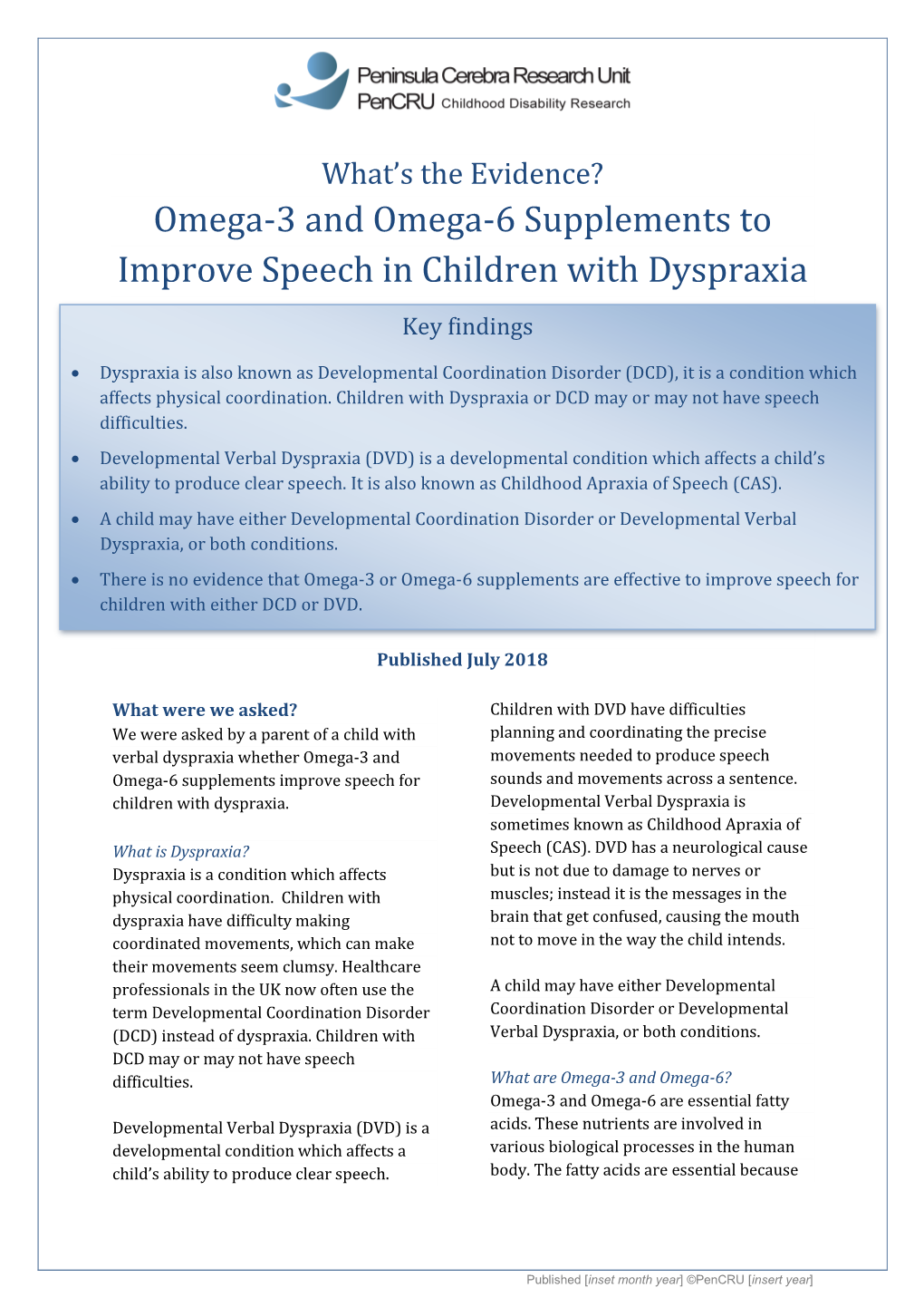 Omega-3 and Omega-6 Supplements to Improve Speech in Children with Dyspraxia