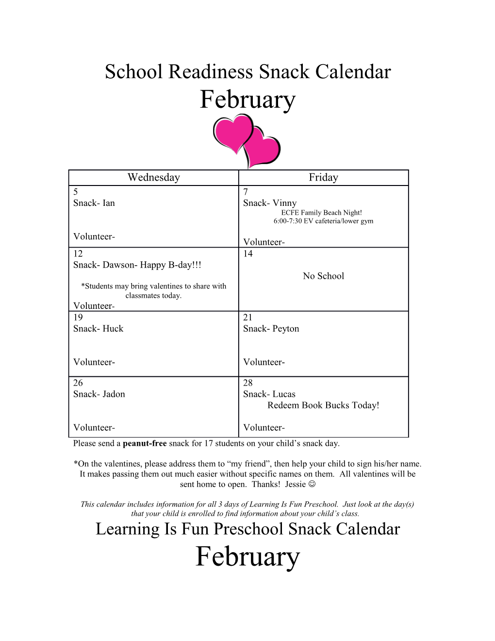 School Readiness Snack Calendar