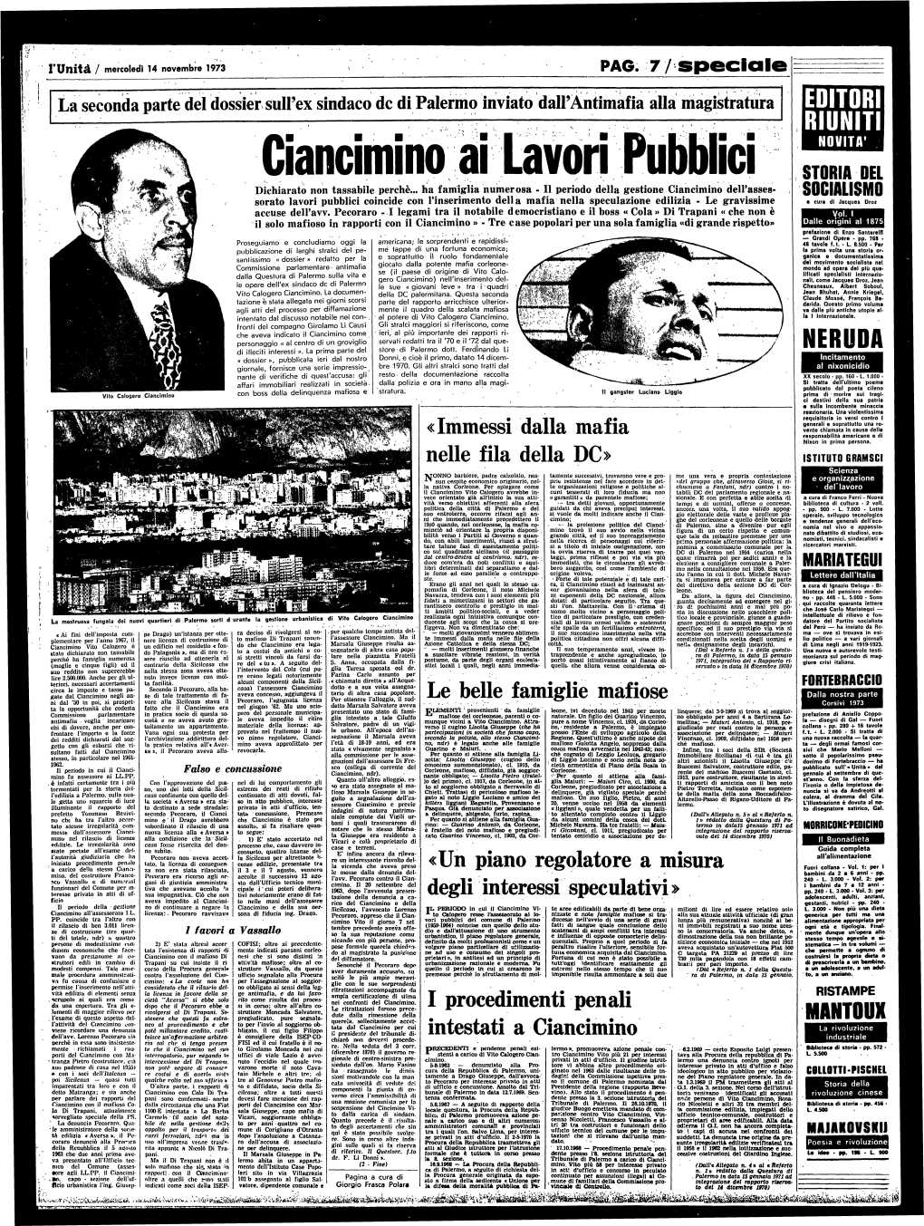 «Immessi Dalla Mafia Nelle Fila Della DC» Le Belle Famiglie Mafiose «Un Piano Regolatore a Misura Degli Interessi Speculativi