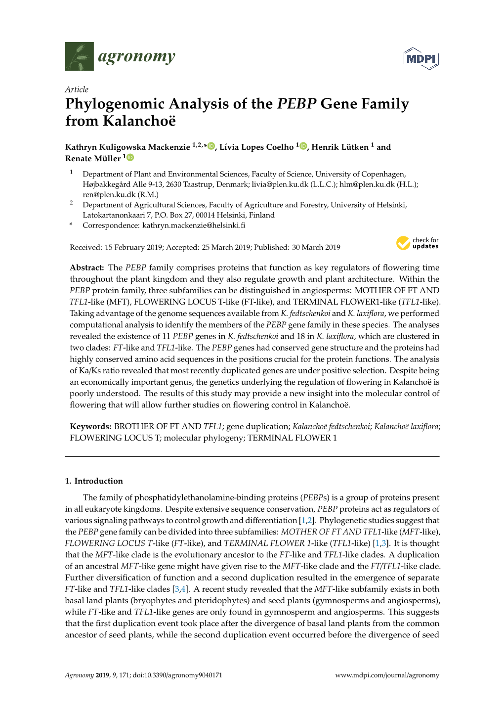 Phylogenomic Analysis of the PEBP Gene Family from Kalanchoë