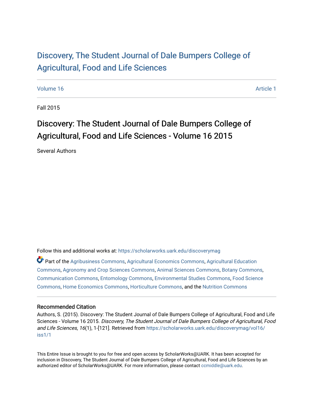 Discovery: the Student Journal of Dale Bumpers College of Agricultural, Food and Life Sciences - Volume 16 2015