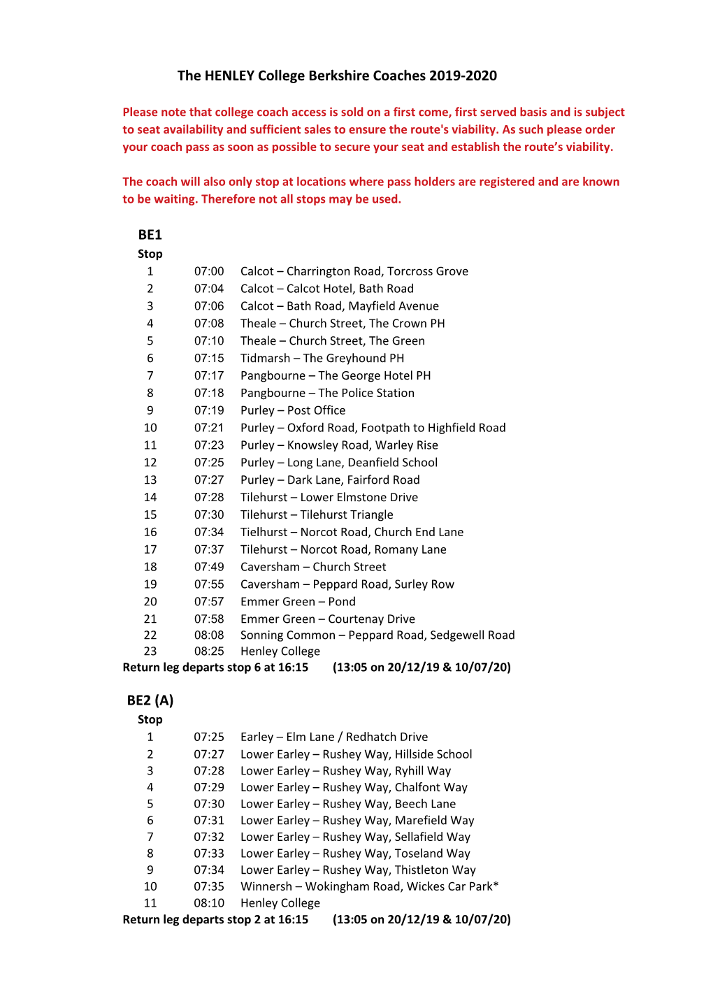 The HENLEY College Berkshire Coaches 2019-2020 BE1 BE2