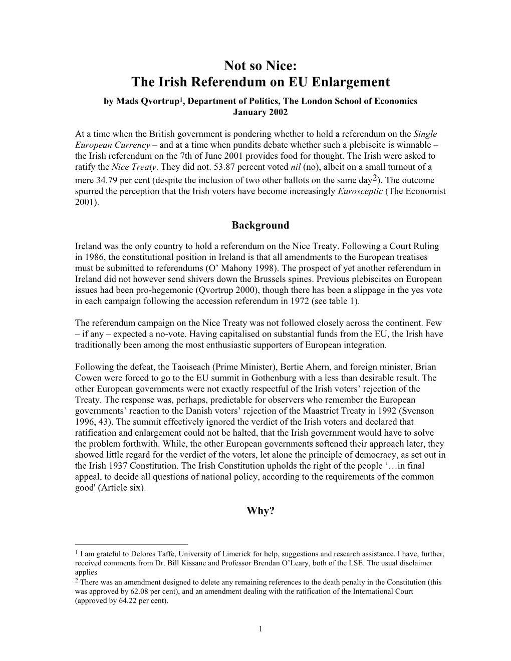 Not So Nice: the Irish Referendum on EU Enlargement / Mads Qvortrup