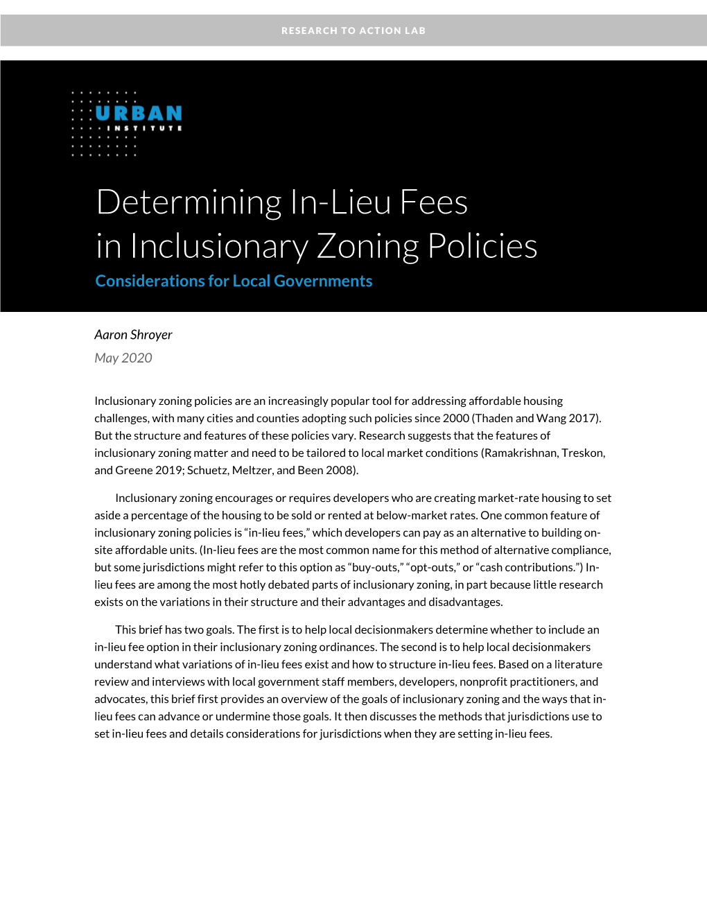 Determining In-Lieu Fees in Inclusionary Zoning Policies Considerations for Local Governments