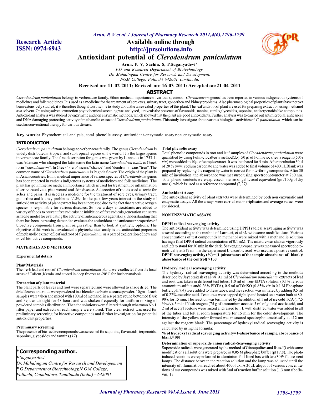 Antioxidant Potential of Clerodendrum Paniculatum Arun