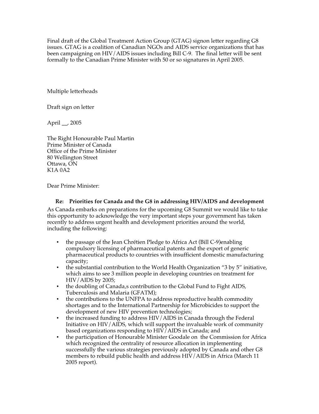 Final Draft of the Global Treatment Action Group (GTAG) Signon Letter Regarding G8 Issues