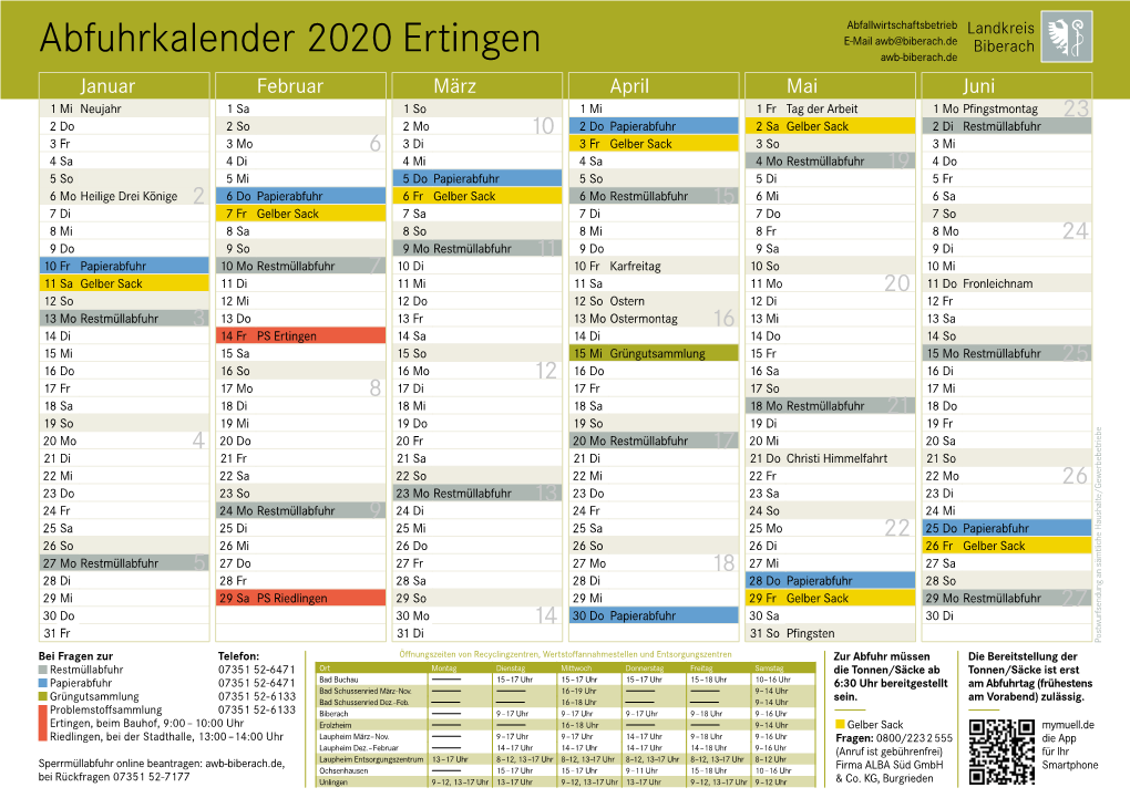 Abfuhrkalender 2020 Ertingen
