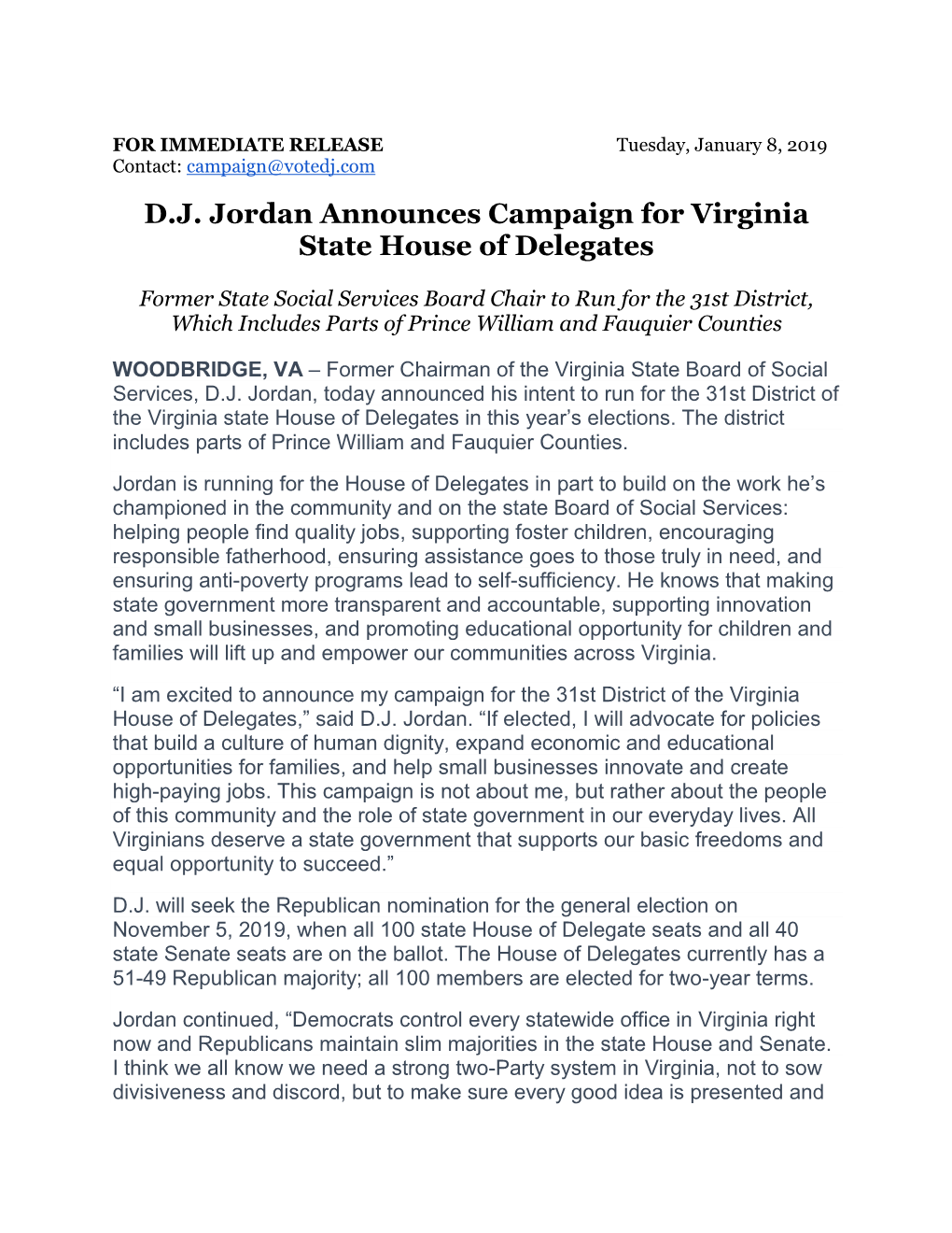 D.J. Jordan Announces Campaign for Virginia State House of Delegates