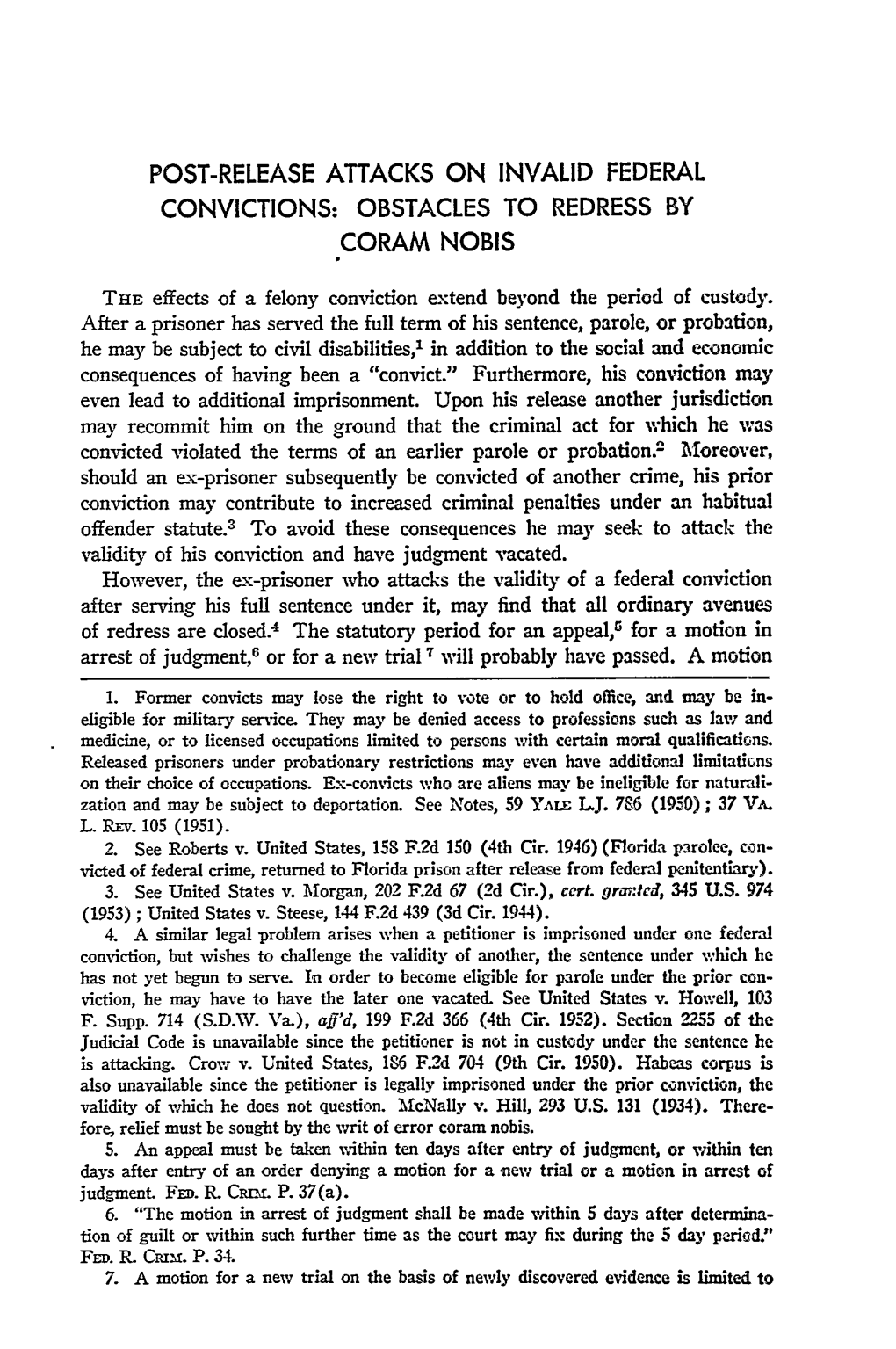 Post-Release Attacks on Invalid Federal Convictions: Obstacles to Redress by Coram Nobis