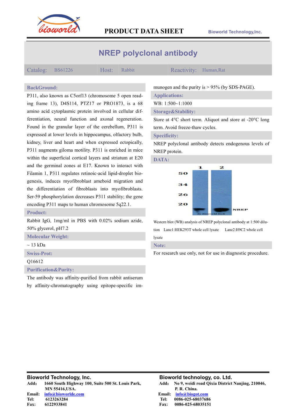 PRODUCT DATA SHEET Bioworld Technology,Inc