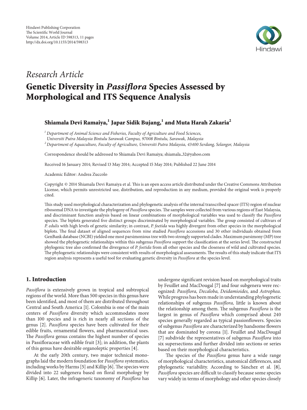 Genetic Diversity in Passiflora Species Assessed by Morphological and ITS Sequence Analysis