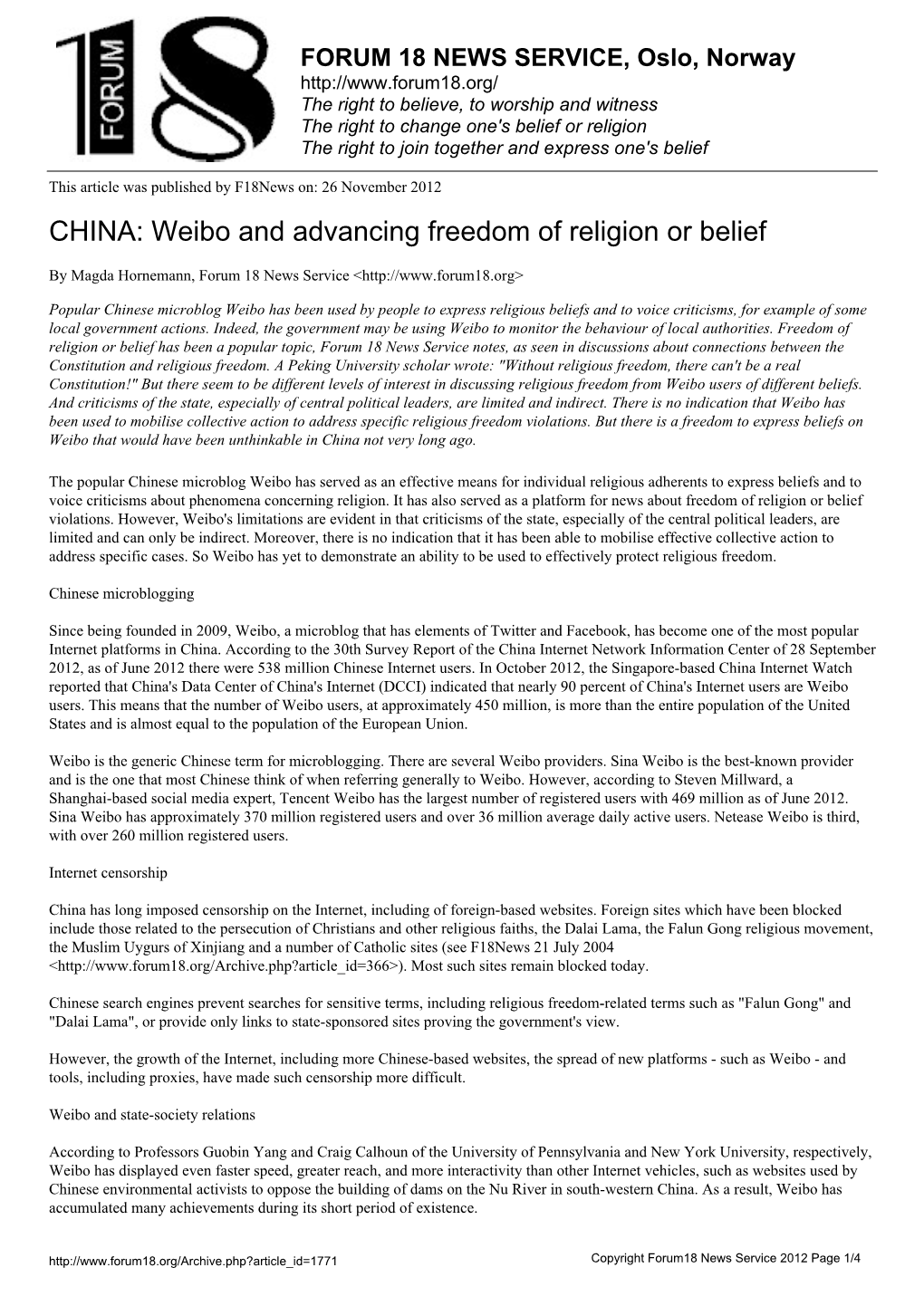 Weibo and Advancing Freedom of Religion Or Belief