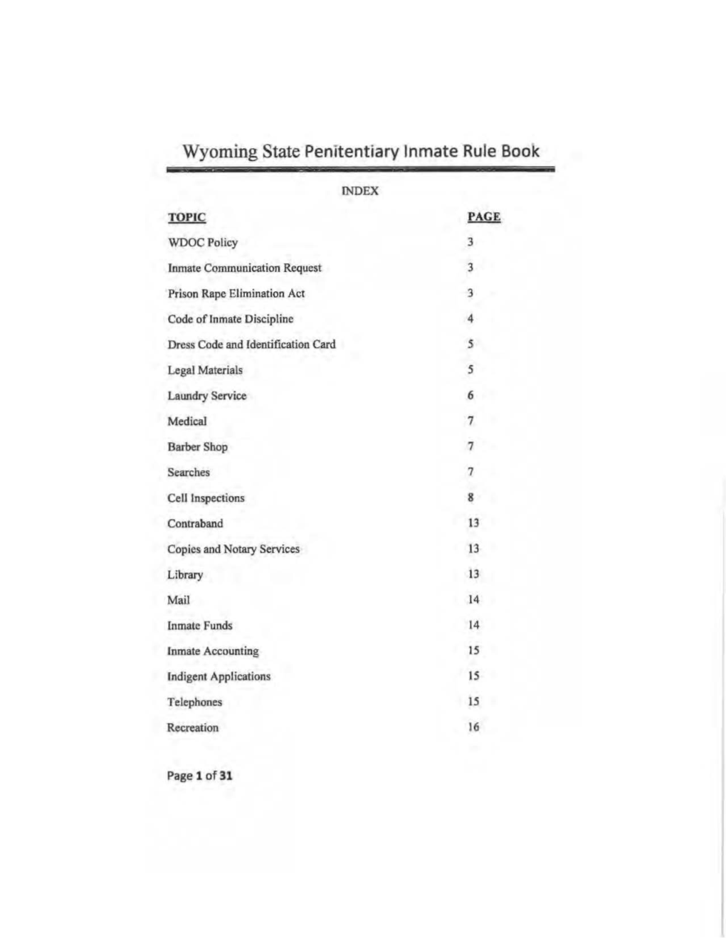 Wyoming State Penitentiary Inmate Rule Book