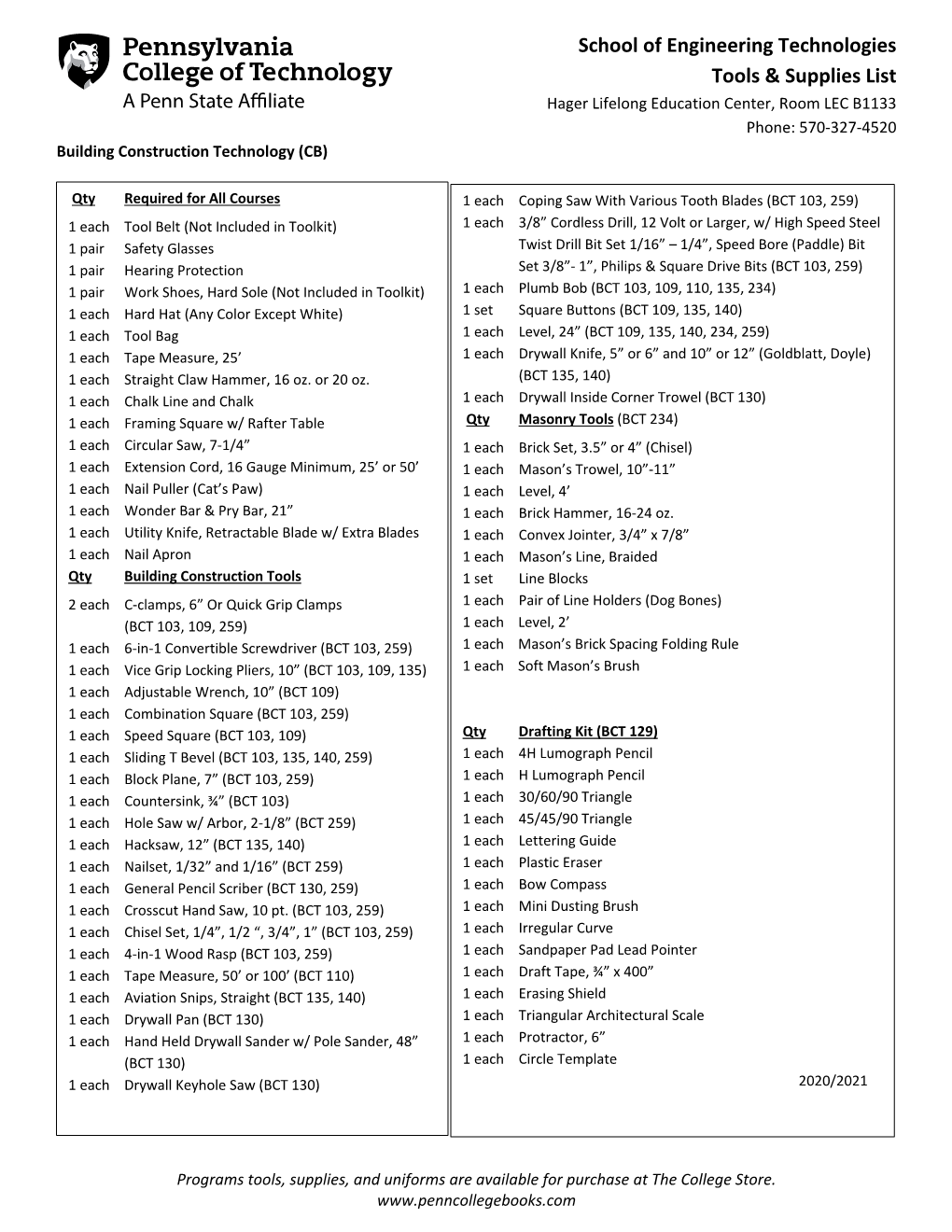 School of Engineering Technologies Tools & Supplies List