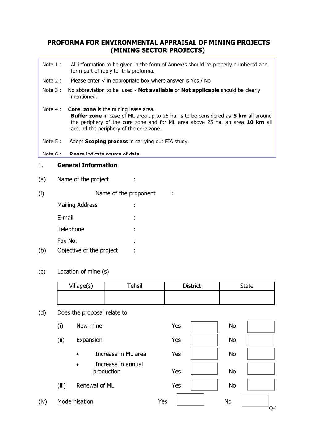 Proforma for Environmental Appraisal of Mining Projects