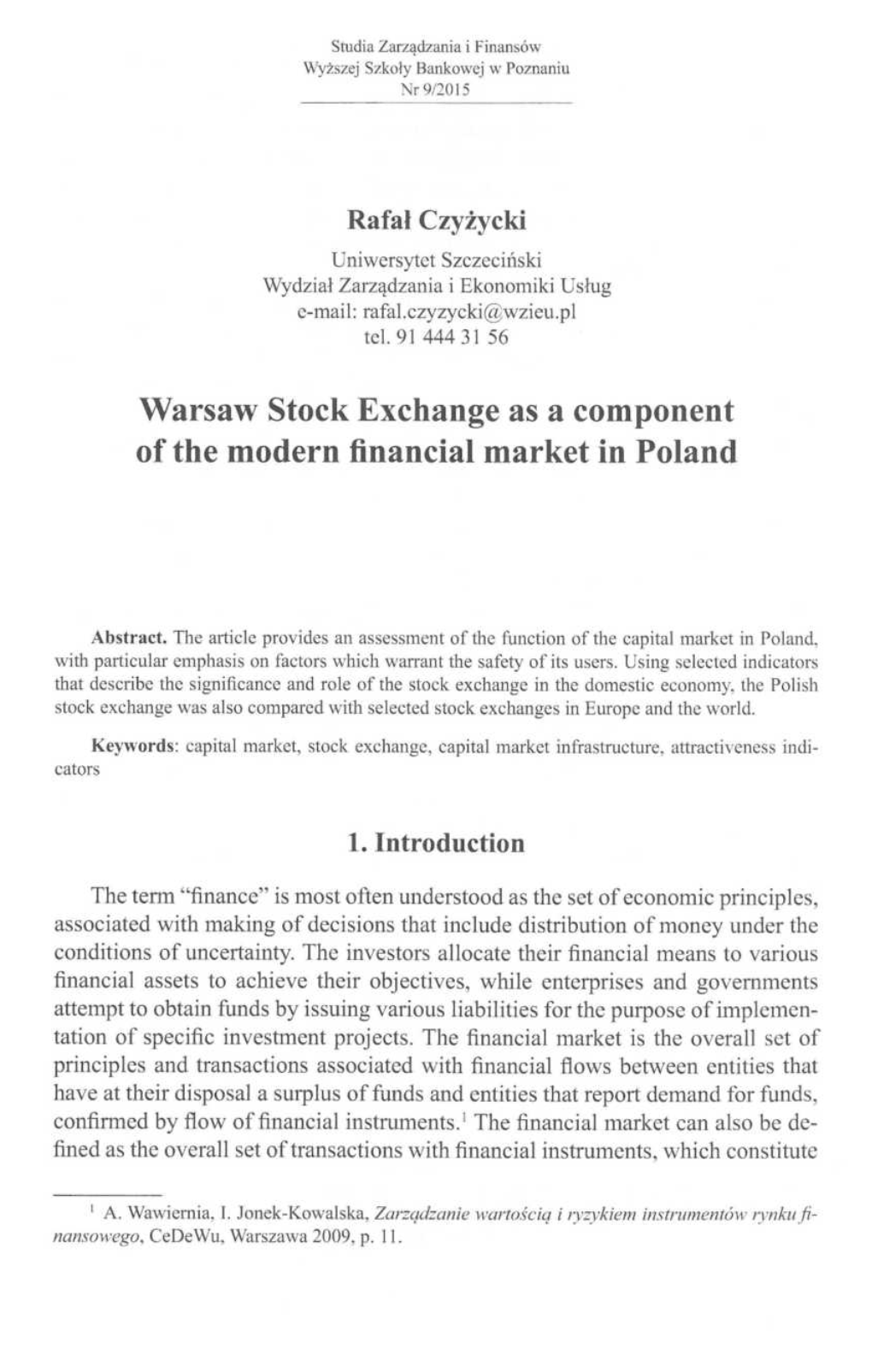 Warsaw Stock Exchange As a Component of the Modern Financial Market in Poland