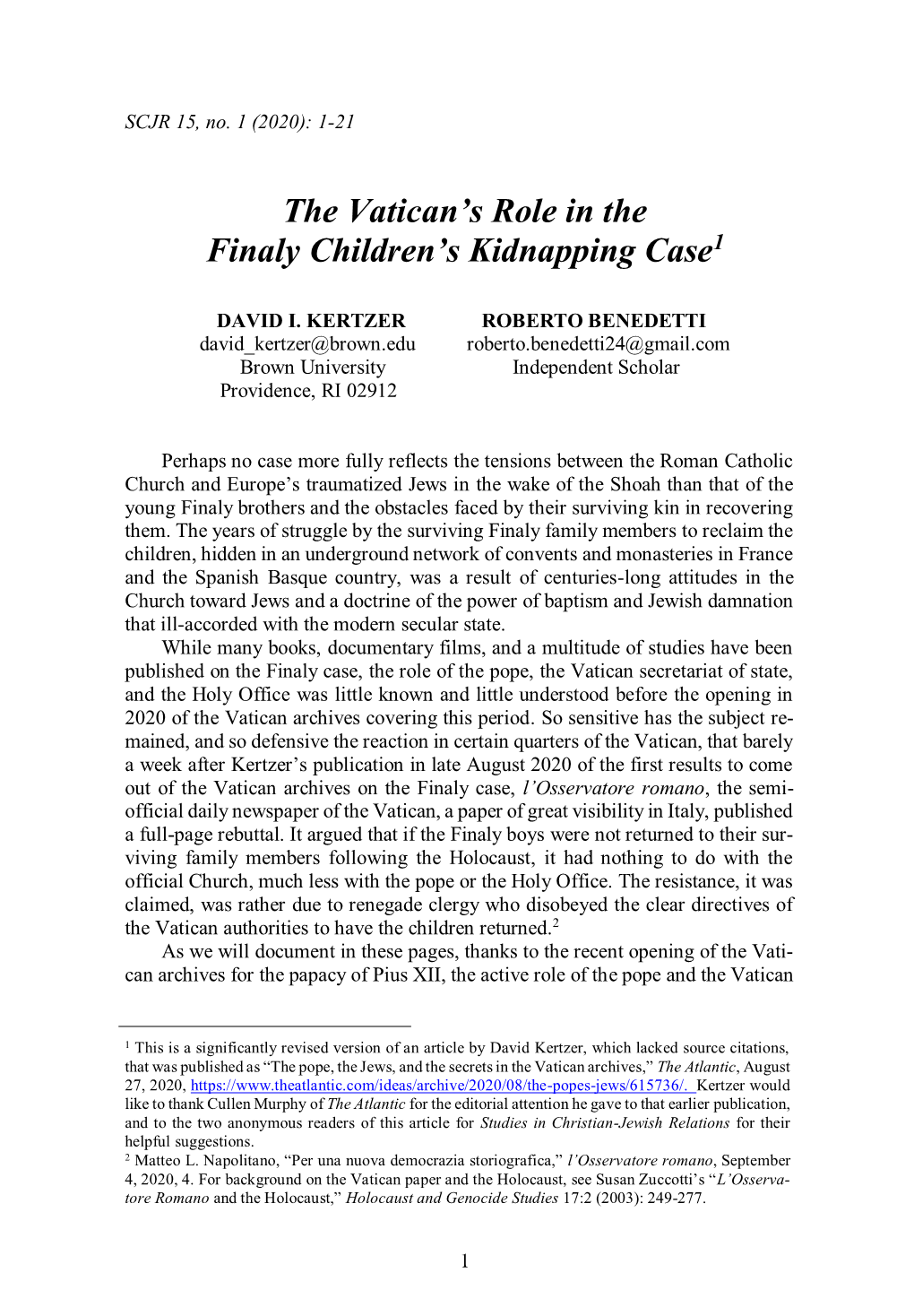 The Vatican's Role in the Finaly Children's Kidnapping Case1