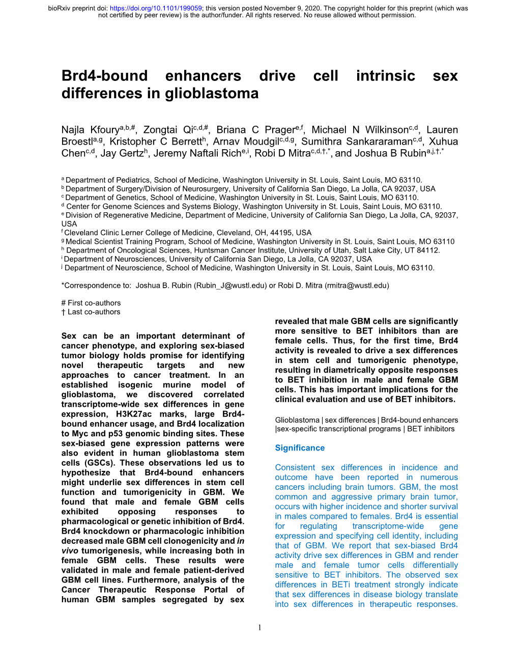 Brd4-Bound Enhancers Drive Cell Intrinsic Sex Differences in Glioblastoma