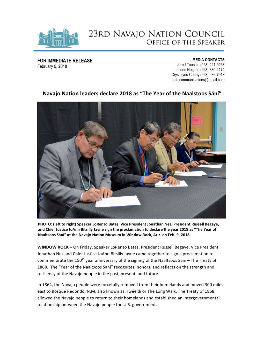Navajo Nation Leaders Declare 2018 As “The Year of the Naalstoos Sání”