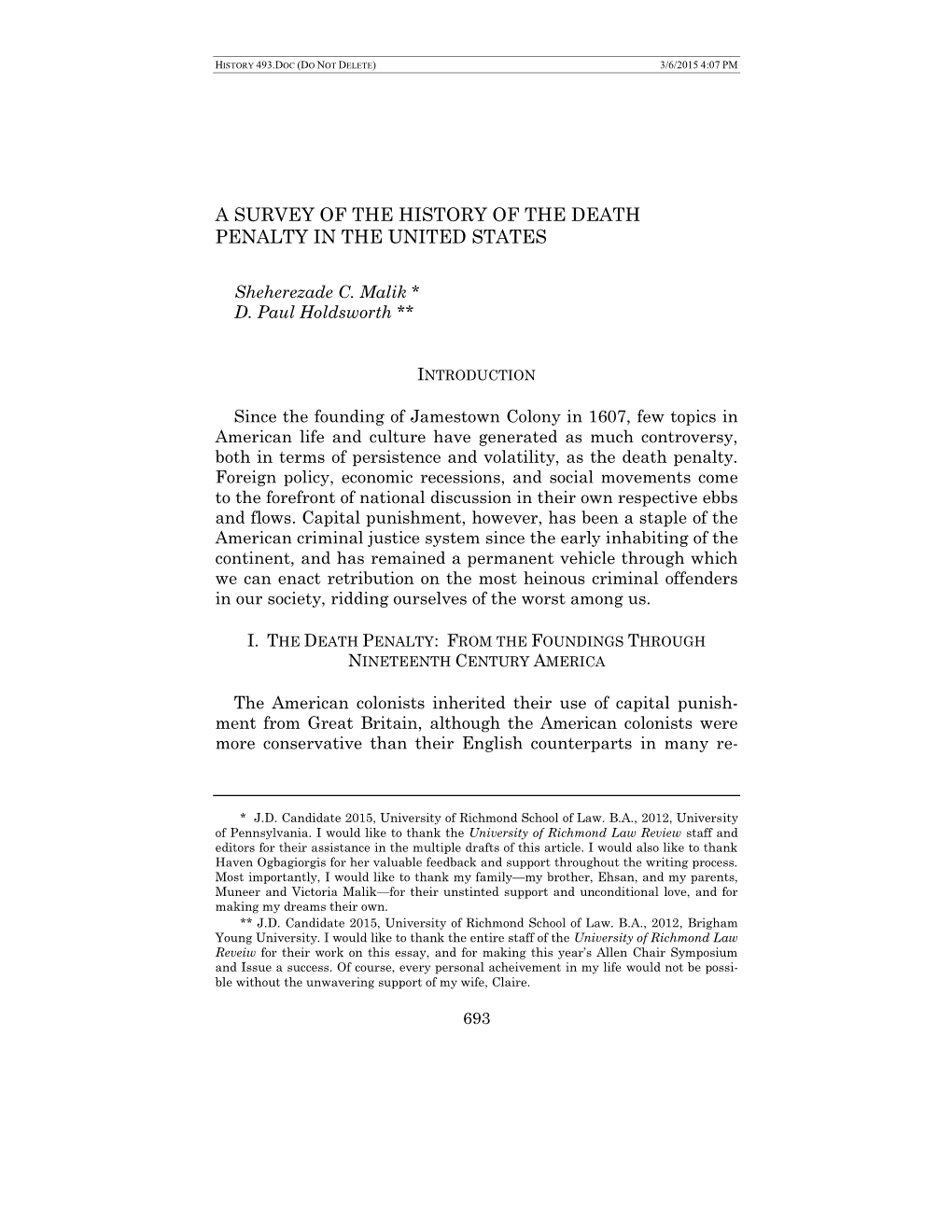 A Survey of the History of the Death Penalty in the United States