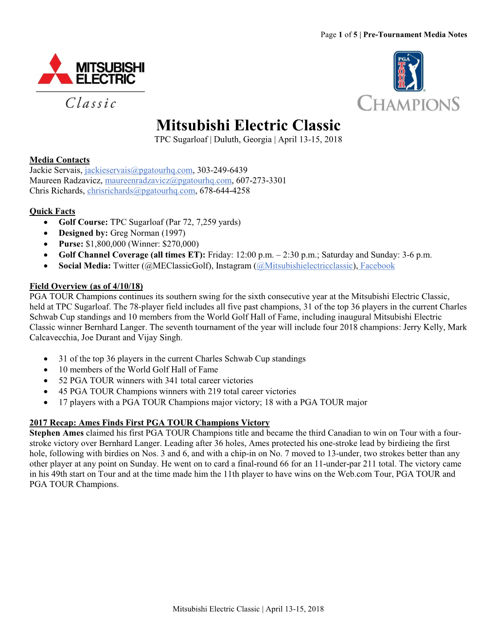 Mitsubishi Electric Classic TPC Sugarloaf | Duluth, Georgia | April 13-15, 2018