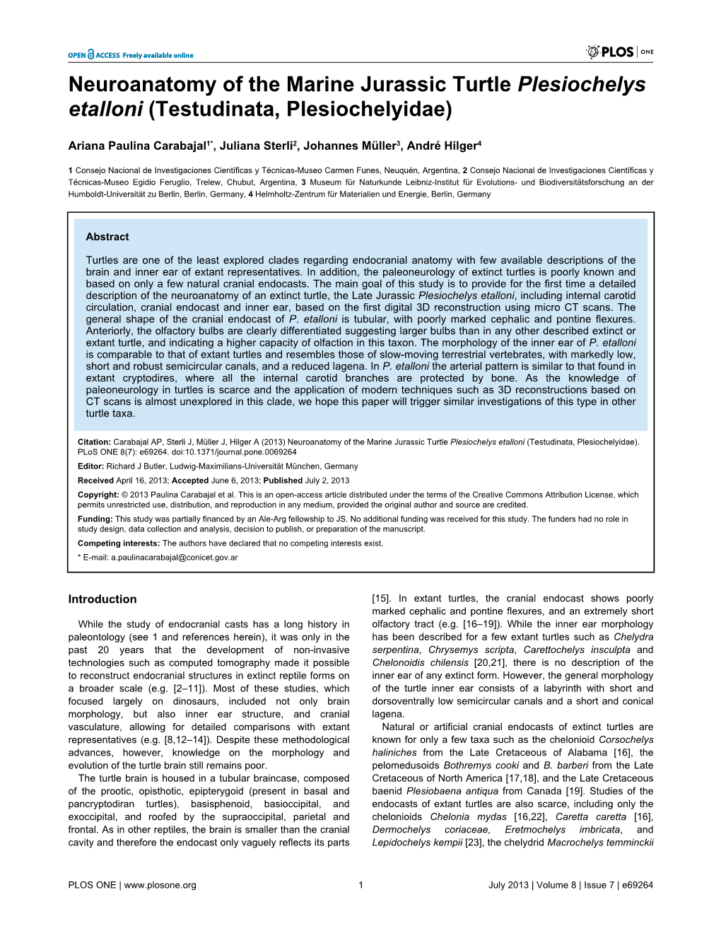 Neuroanatomy of the Marine Jurassic Turtle Plesiochelys Etalloni (Testudinata, Plesiochelyidae)