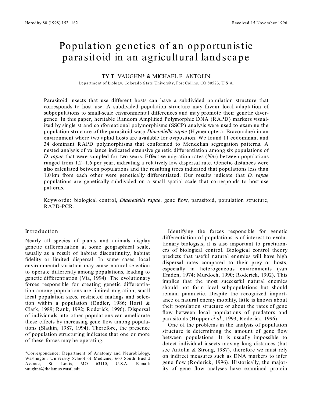 Population Genetics of an Opportunistic Parasitoid in an Agricultural Landscape
