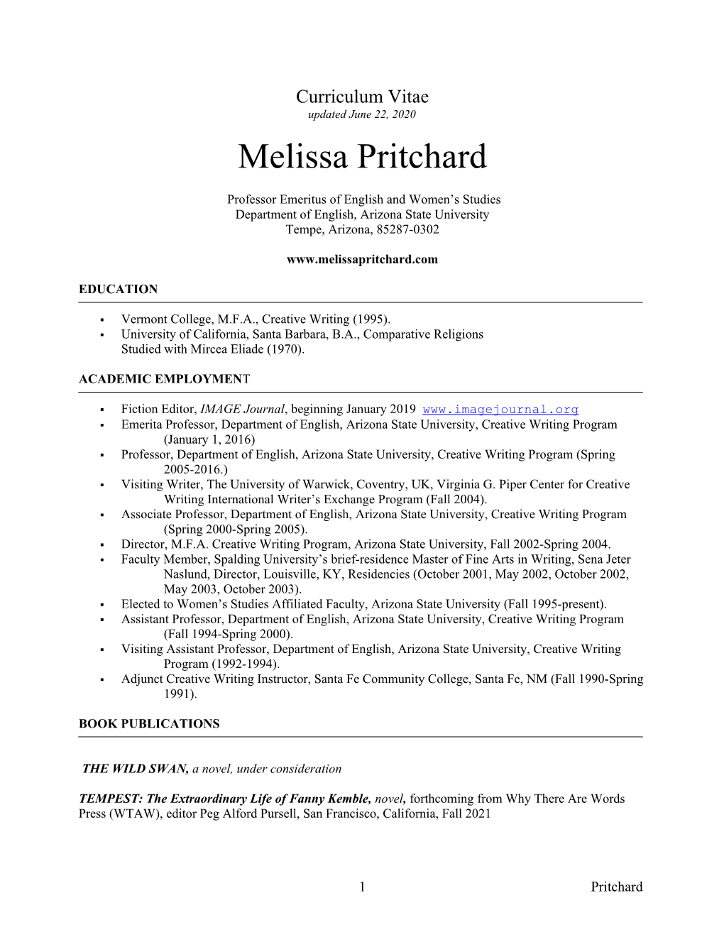 Curriculum Vitae Updated June 22, 2020 Melissa Pritchard