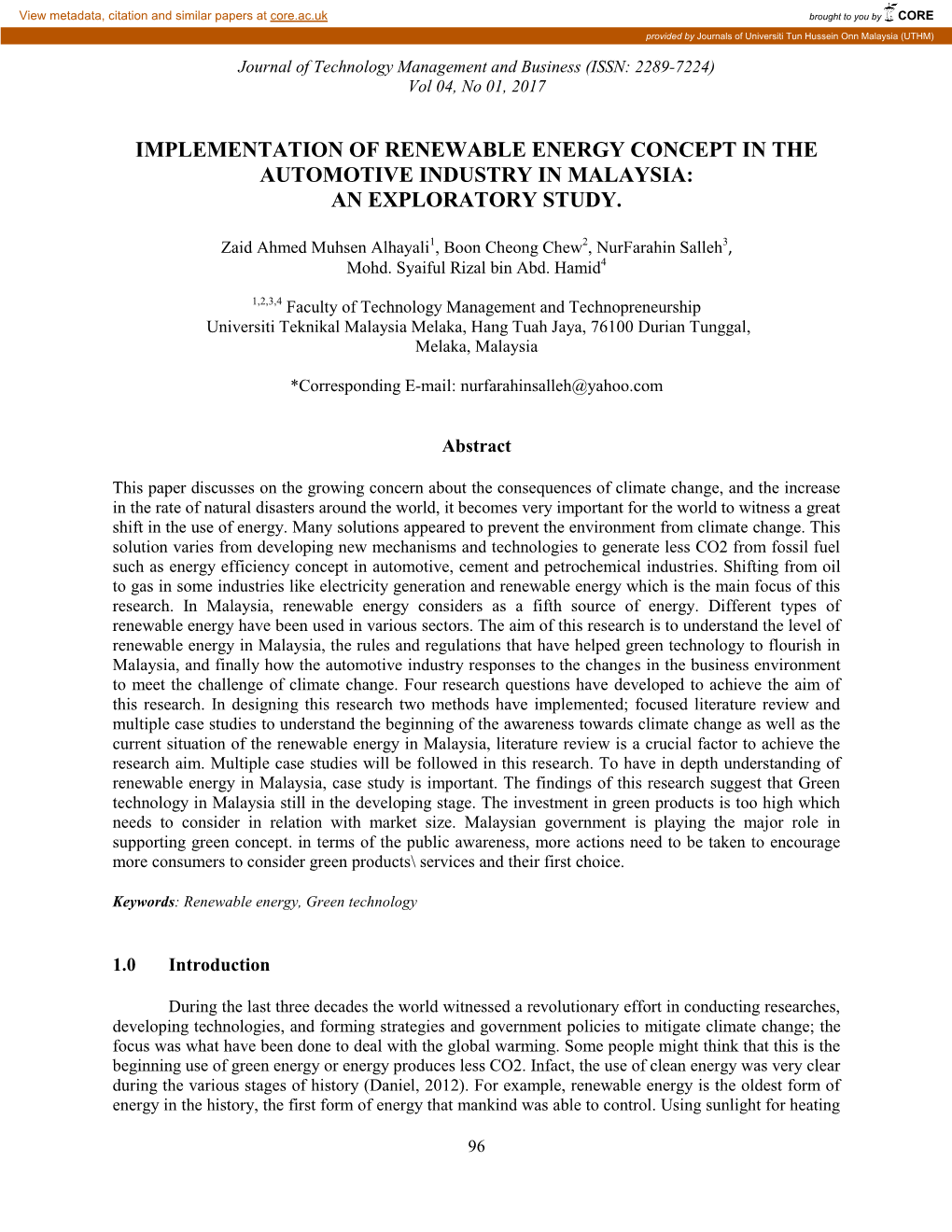 Implementation of Renewable Energy Concept in the Automotive Industry in Malaysia: an Exploratory Study