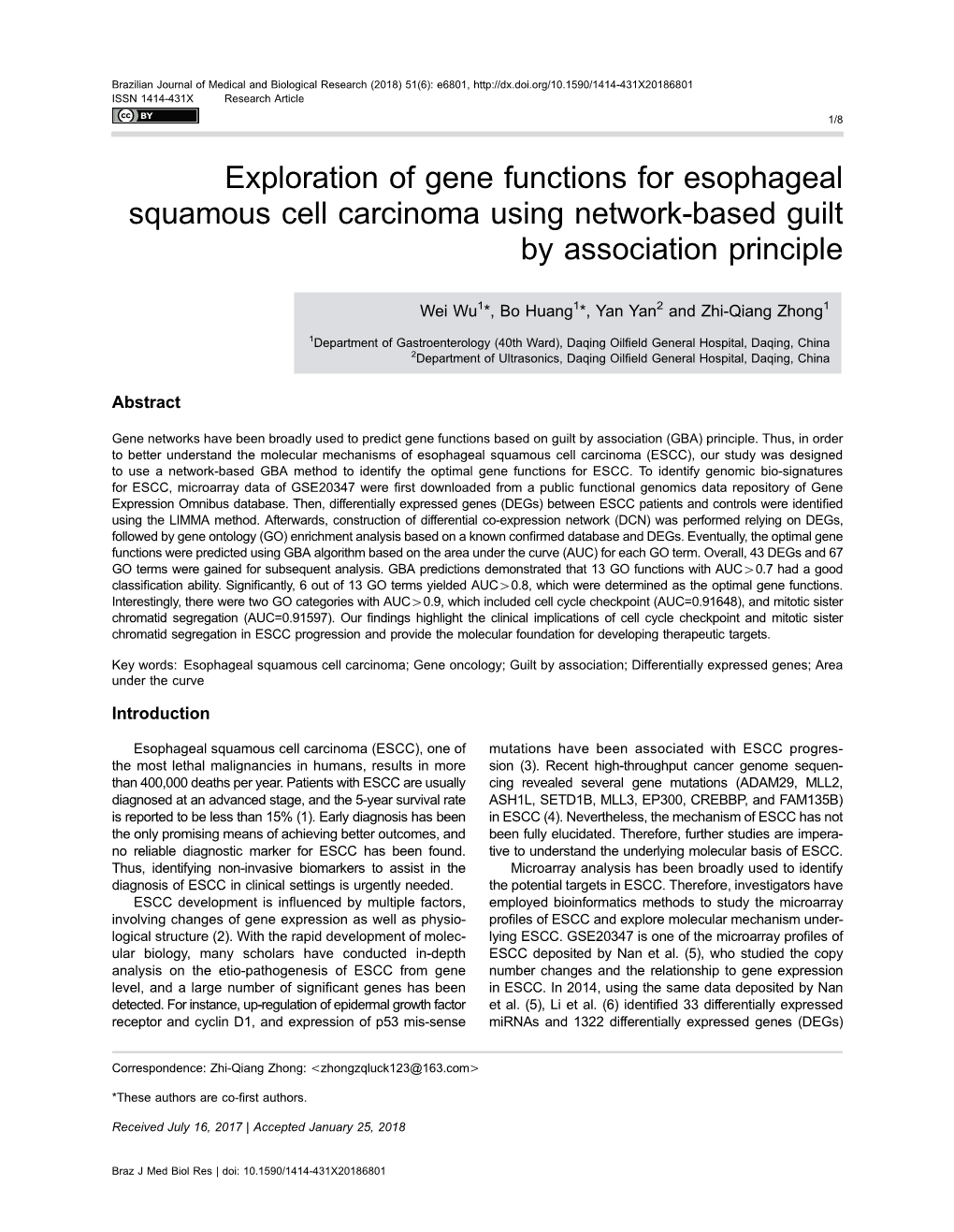 Exploration of Gene Functions for Esophageal Squamous Cell Carcinoma Using Network-Based Guilt by Association Principle