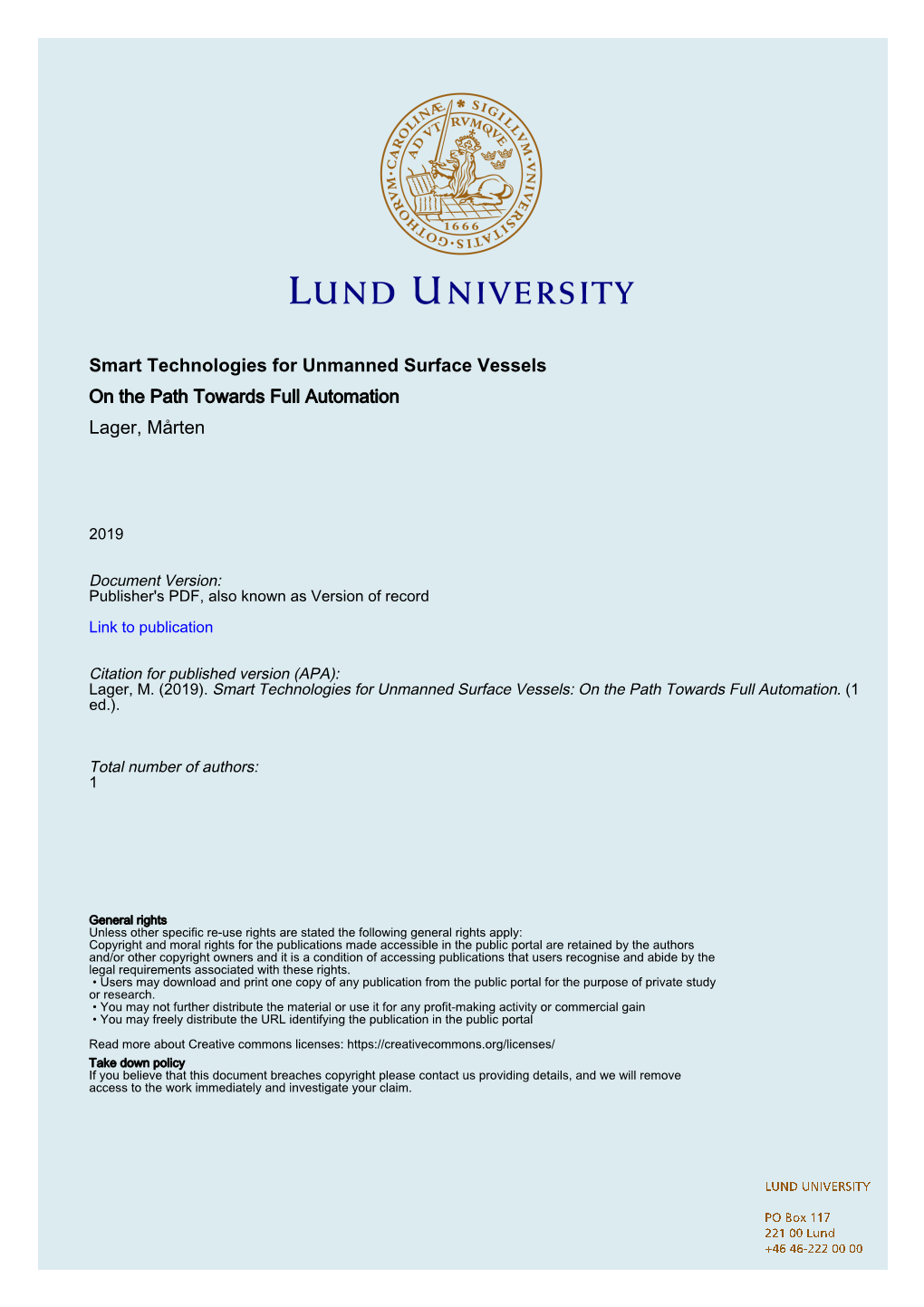 Smart Technologies for Unmanned Surface Vessels on the Path Towards Full Automation Lager, Mårten