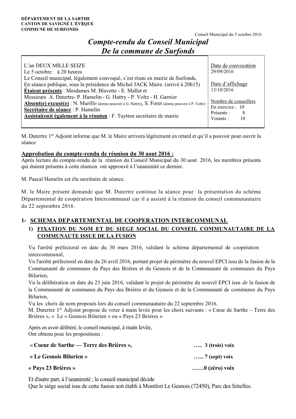 Compte-Rendu Du Conseil Municipal De La Commune De Surfonds