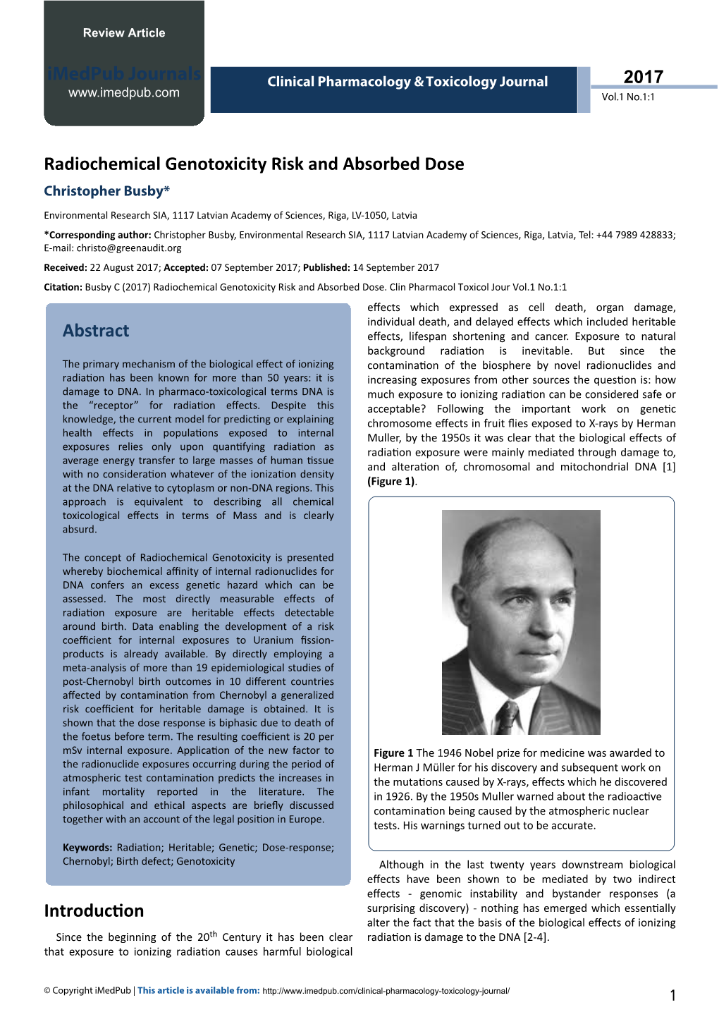 Radiochemical Genotoxicity Risk and Absorbed Dose Christopher Busby*