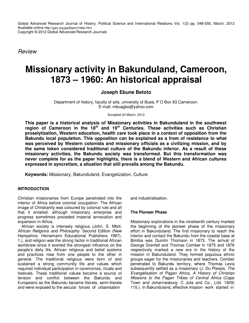 Missionary Activity in Bakunduland, Cameroon, 1873 – 1960: an Historical Appraisal
