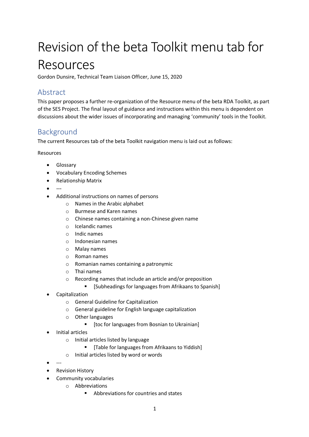 Revision of the Beta Toolkit Menu Tab for Resources Gordon Dunsire, Technical Team Liaison Officer, June 15, 2020