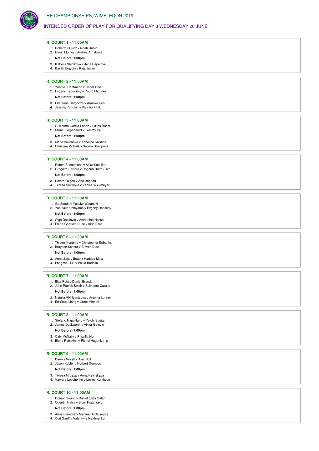 The Championships, Wimbledon 2019 Intended Order Of