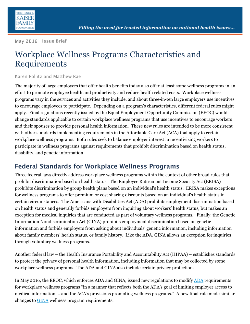 Workplace Wellness Programs Characteristics and Requirements